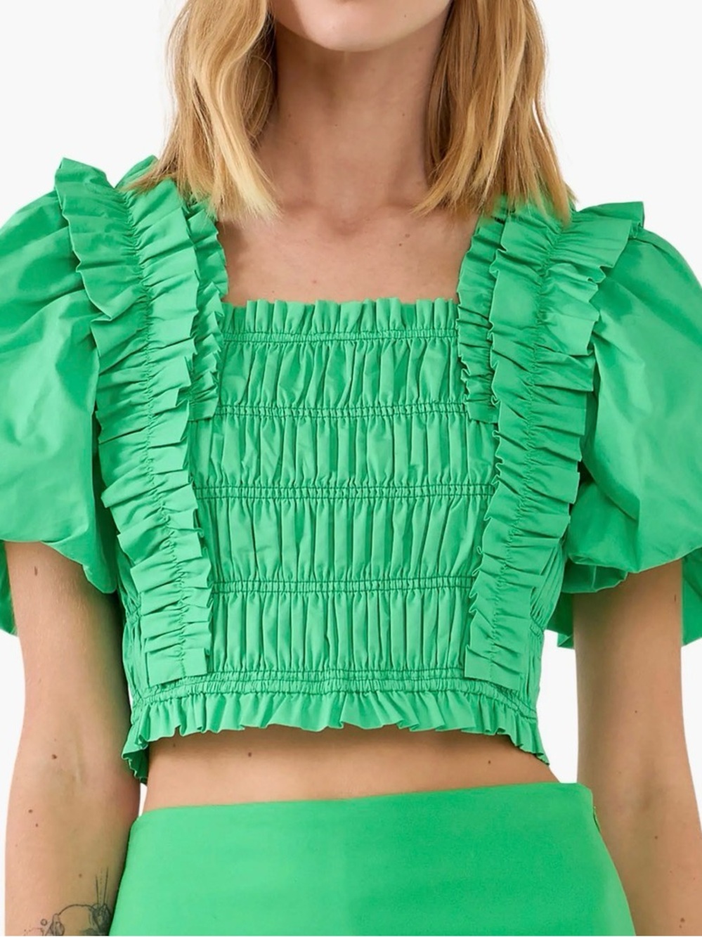 Endless Rose Green Smocked Ruffle Crop Top
